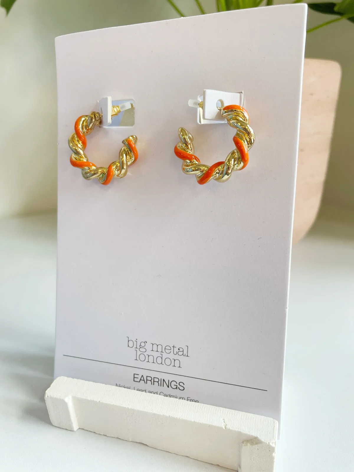 Big Metal London Gold/Orange Twist Hoop Earrings