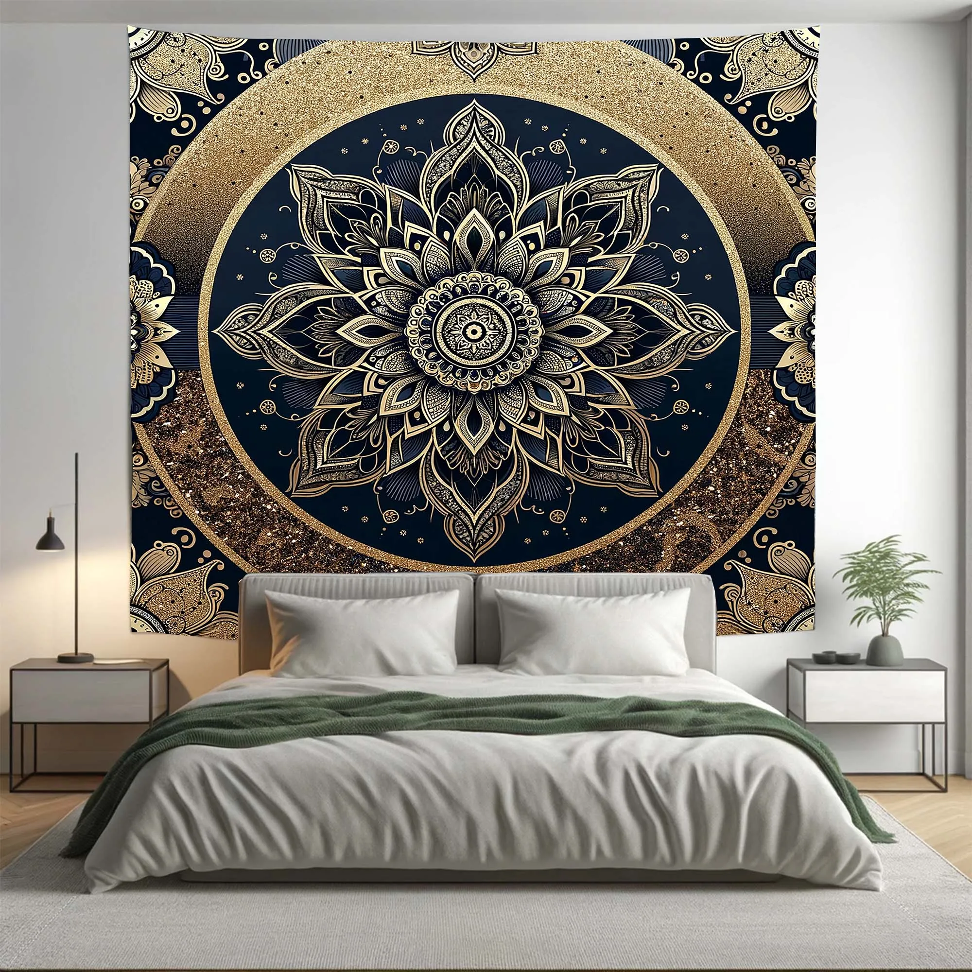 Bohemian Black Gold Floral Mandala Tapestry Psychedelic Wall Hanging Boho Decor