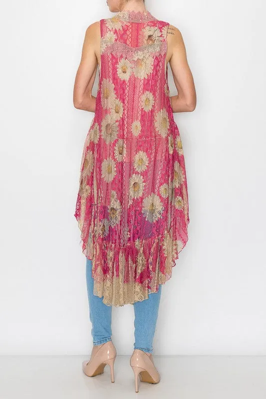 High/Low Lace and Crochet Daisy Vest - Fuchsia