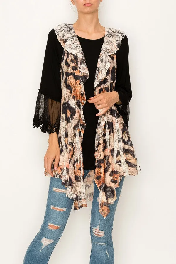 Leopard Print Full Lace Long Ruffle Vest - Black/Grey