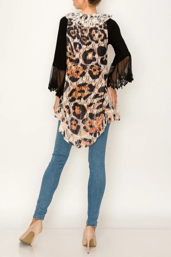 Leopard Print Full Lace Long Ruffle Vest - Black/Grey