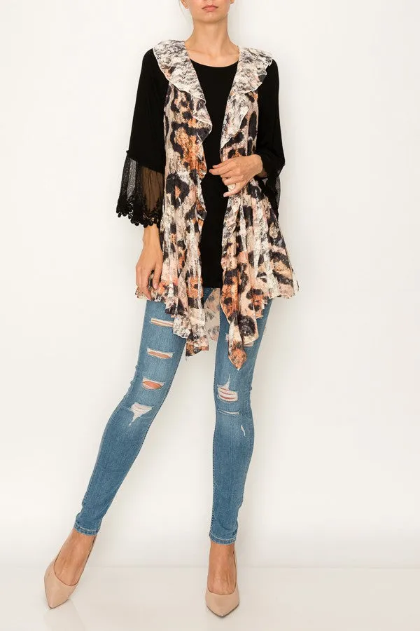 Leopard Print Full Lace Long Ruffle Vest - Black/Grey