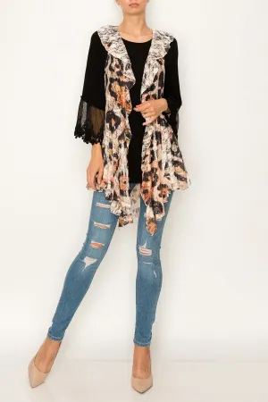 Leopard Print Full Lace Long Ruffle Vest - Black/Grey