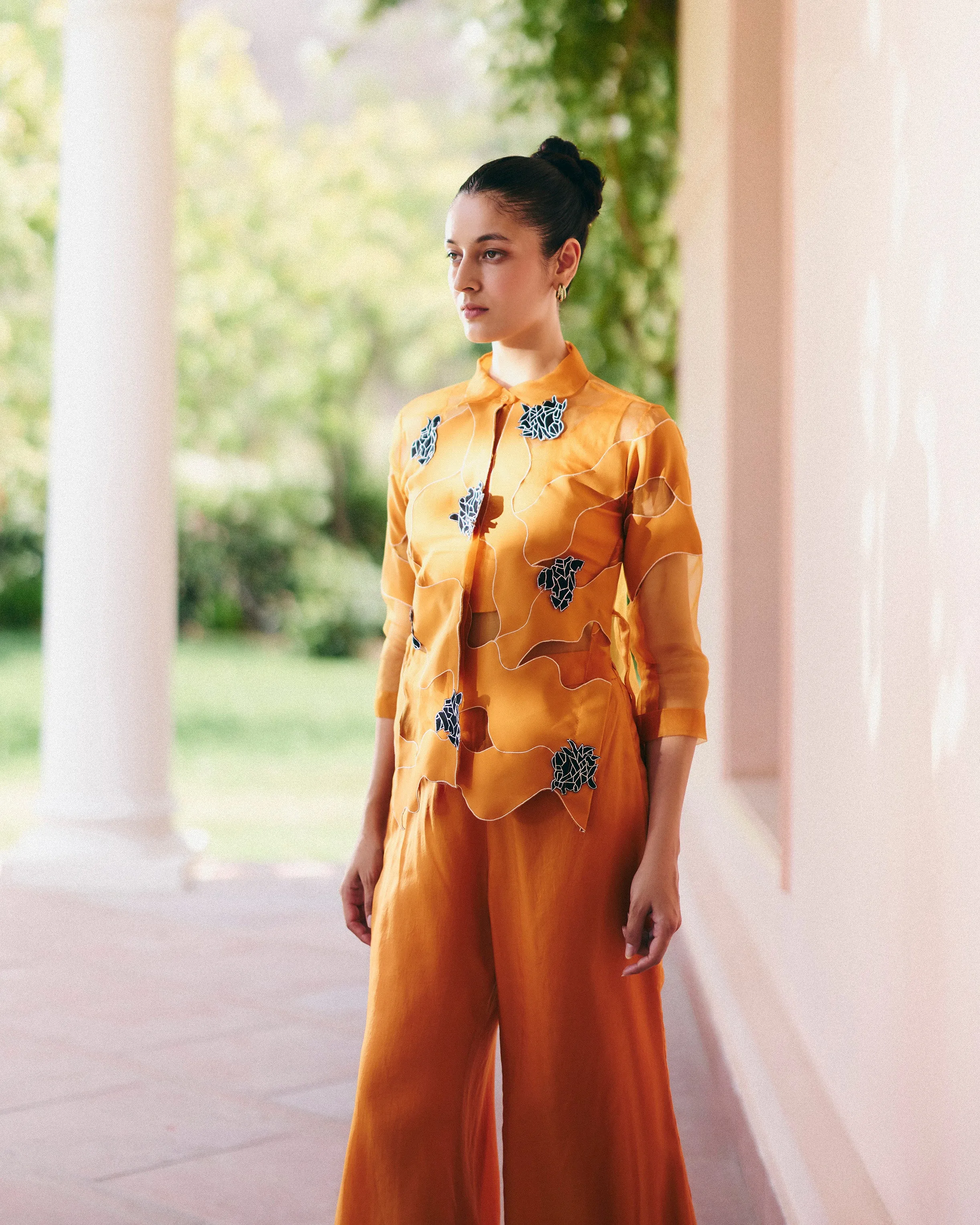 Orange Organza Swirl Shirt Set With Pants