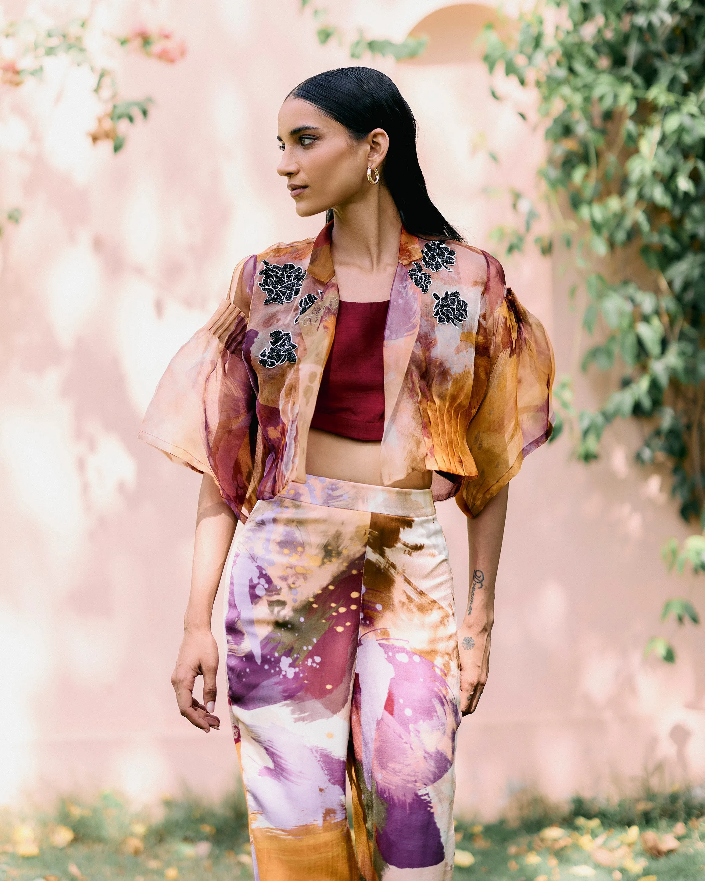 Splatter Organza Short  Jacket With Pant Set