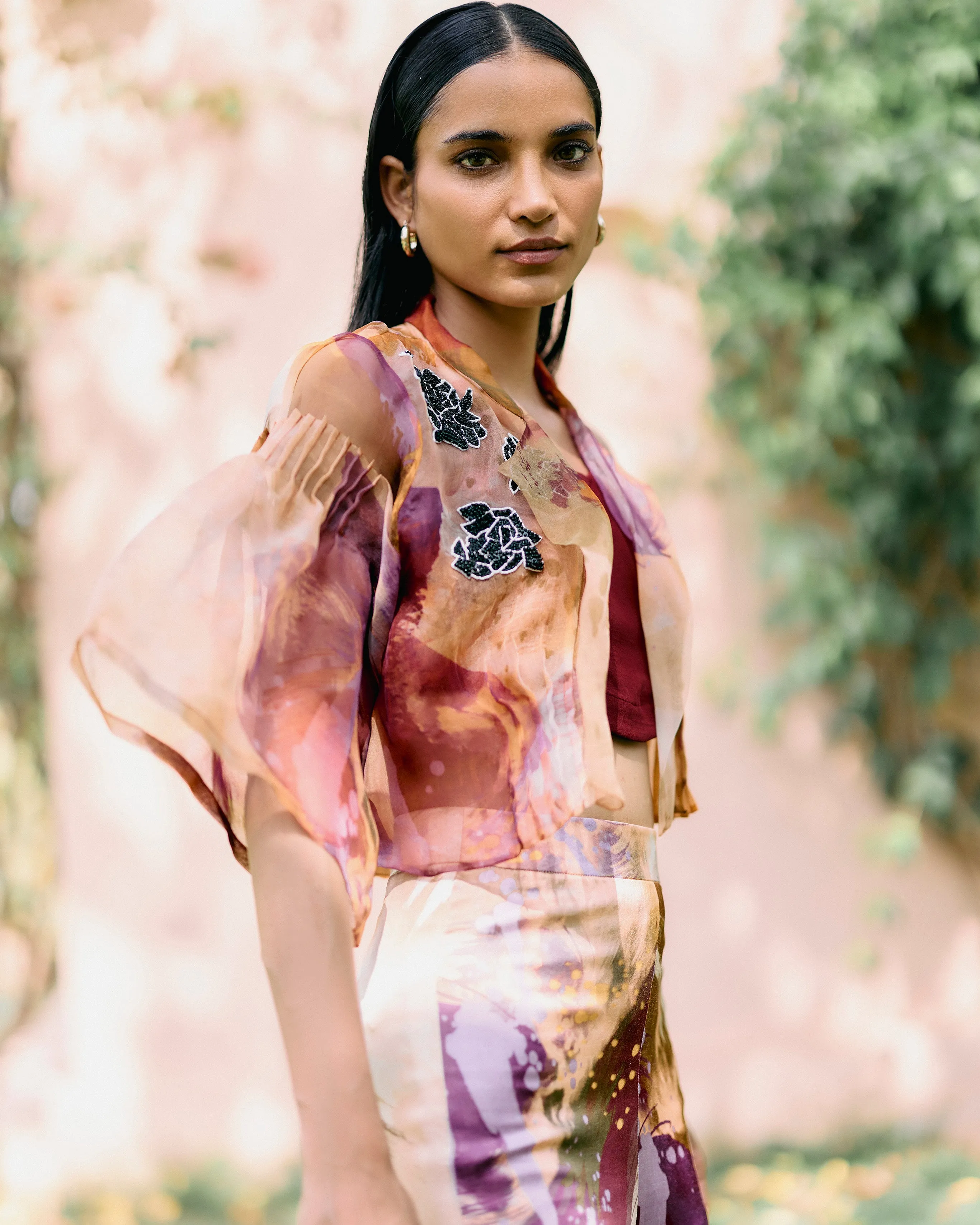 Splatter Organza Short  Jacket With Pant Set