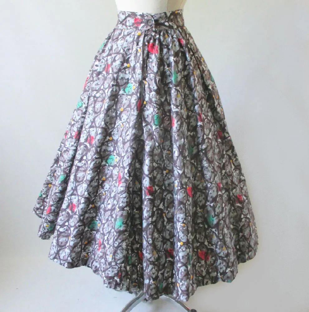 Vintage 50's Abstract Yellow Aqua Red Full Circle Skirt S